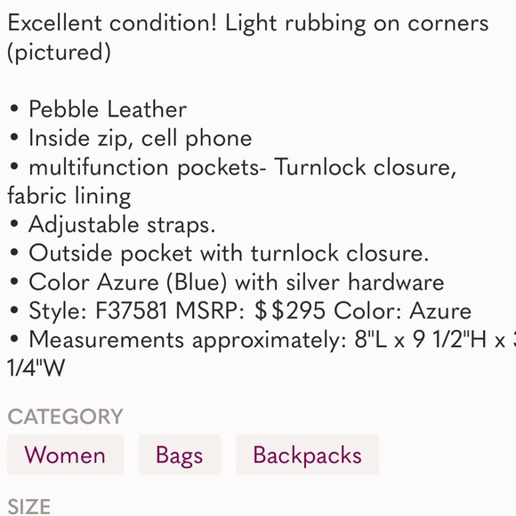 Coach Azure Blue Backpack Rusack - Pebble Leather #37581 - Picture 8 of 16